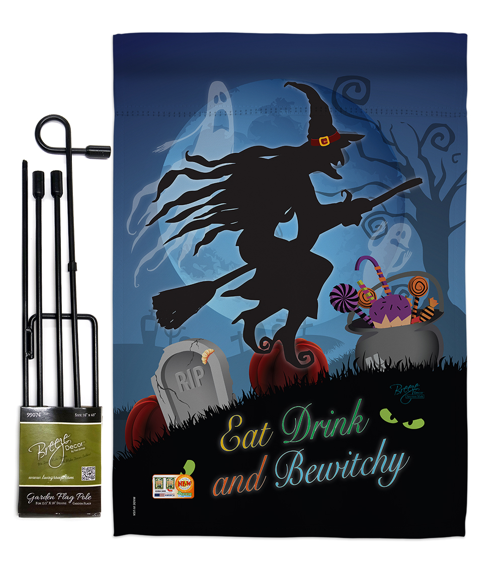 BD-HO-GS-112005-IP-BO-D-US15-BD 13 x 18.5 in. Bewitchy Fall Halloween Vertical Double Sided Mini Garden Flag Set with Banner Pole