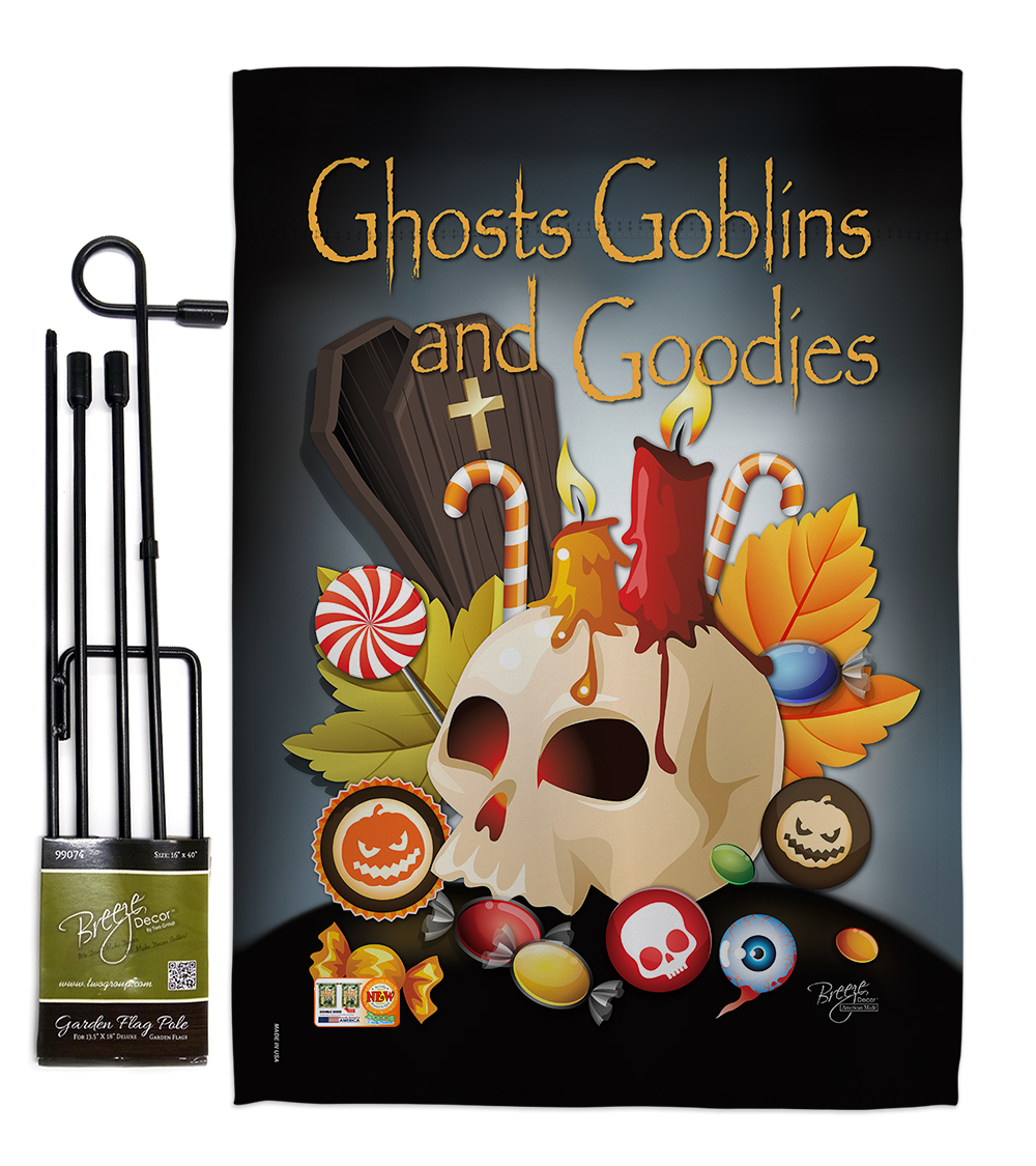 BD-HO-GS-112007-IP-BO-D-US15-BD 13 x 18.5 in. Ghosts Goblins & Goodies Fall Halloween Vertical Double Sided Mini Garden Flag Set with Banner Pole