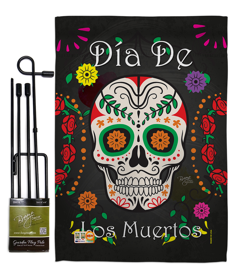 BD-HO-GS-112009-IP-BO-D-US15-BD 13 x 18.5 in. Dia de los Muertos Fall Halloween Vertical Double Sided Mini Garden Flag Set with Banner Pole