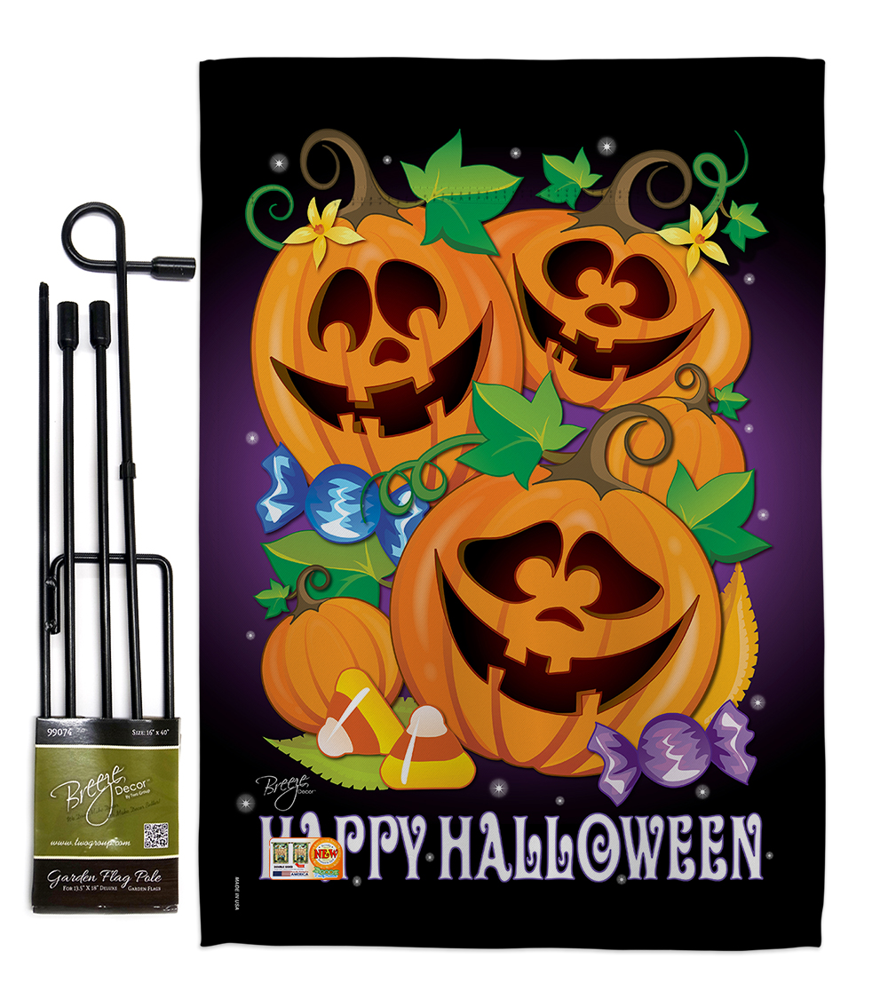 Breeze Decor BD-HO-GS-112049-IP-BO-D-US09-BD 13 x 18.5 in. Happy Pumpkins Fall Halloween Vertical Double Sided Mini Garden Flag Set with Banner Pole