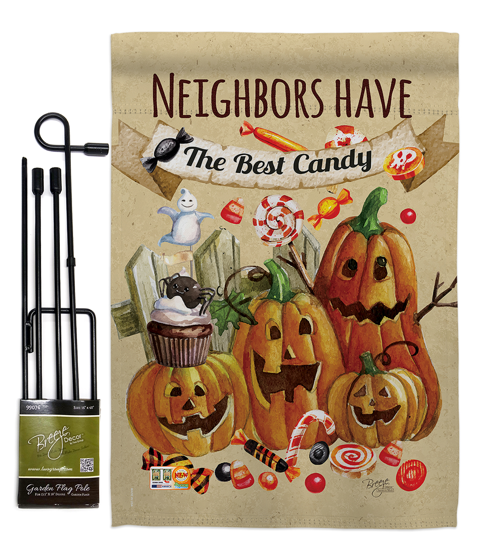 Breeze Decor BD-HO-GS-112067-IP-BO-D-US16-BD 13 x 18.5 in. Neighbors Candy Fall Halloween Vertical Double Sided Mini Garden Flag Set with Banner Pole