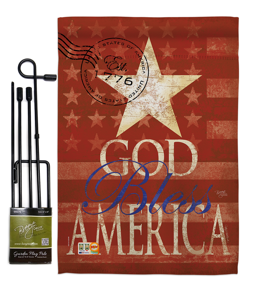 BD-PA-GS-111053-IP-BO-D-US12-SB 13 x 18.5 in. God Bless America Americana Patriotic Vertical Double Sided Mini Garden Flag Set with Banner Pole