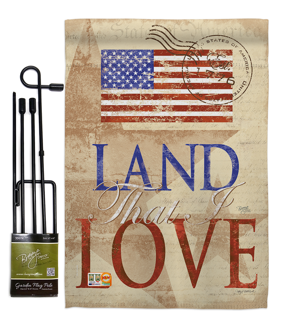 BD-PA-GS-111054-IP-BO-D-US12-SB 13 x 18.5 in. Land That I Love Americana Patriotic Vertical Double Sided Mini Garden Flag Set with Banner Pole