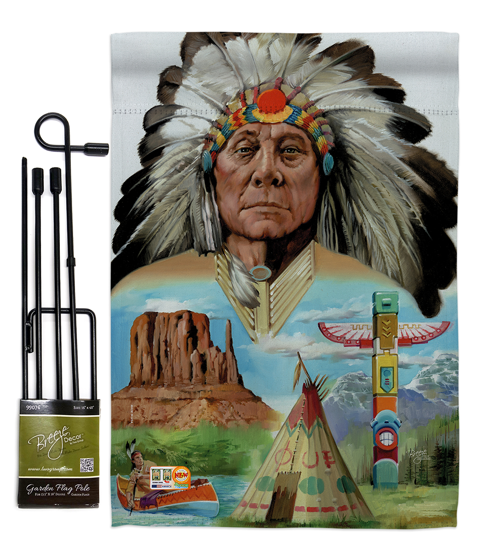 BD-PA-GS-111064-IP-BO-D-US13-AL 13 x 18.5 in. Native American Americana Patriotic Vertical Double Sided Mini Garden Flag Set with Banner Pole