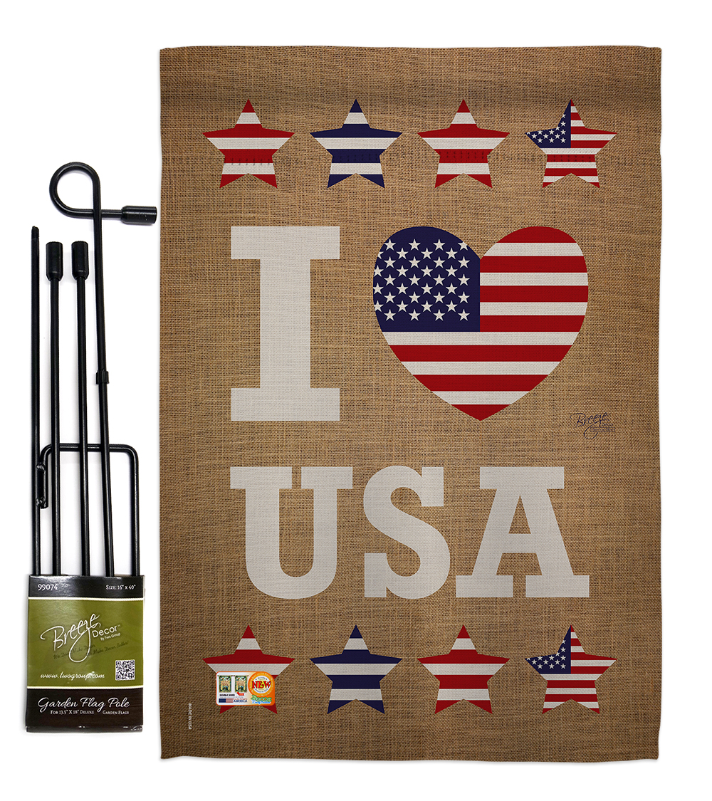 BD-PA-GS-111067-IP-BO-D-US14-BD 13 x 18.5 in. I Love USA Americana Patriotic Vertical Double Sided Mini Garden Flag Set with Banner Pole Printed In