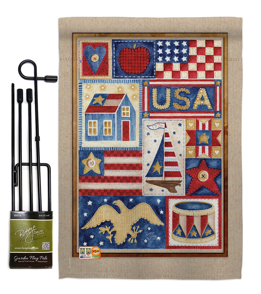 BD-PA-GS-111077-IP-BO-D-US17-AM 13 x 18.5 in. USA Collage Americana Patriotic Vertical Double Sided Mini Garden Flag Set with Banner Pole Printed In