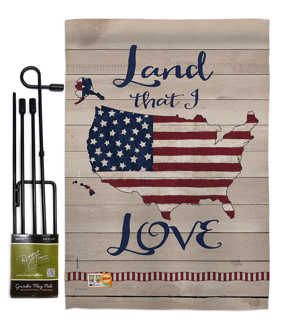 BD-PA-GS-111083-IP-BO-D-US18-SB 13 x 18.5 in. Land I Love Americana Patriotic Vertical Double Sided Mini Garden Flag Set with Banner Pole