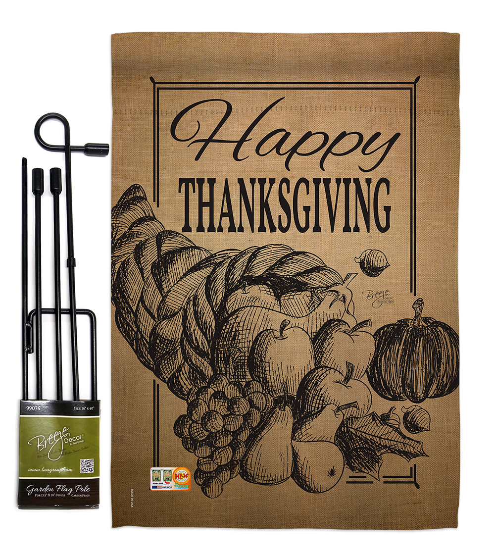 BD-TG-GS-113054-IP-BO-D-US16-BD 13 x 18.5 in. Happy Cornucopia Burlap Fall Thanksgiving Vertical Double Sided Mini Garden Flag Set with Banner Pole