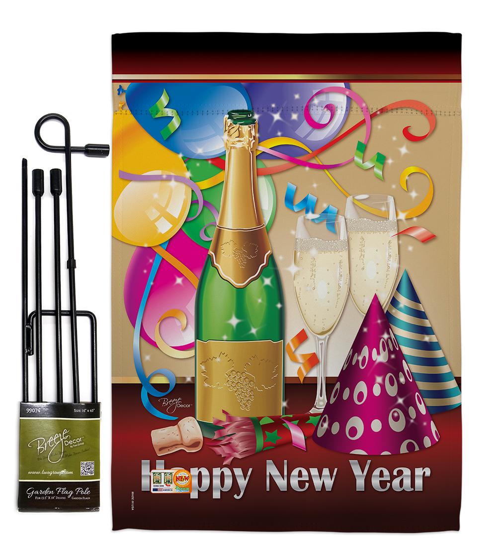 BD-NE-GS-116008-IP-BO-D-US10-BD 13 x 18.5 in. Happy New Year Winter Impressions Decorative Vertical Double Sided Garden Flag Set with Banner Pole