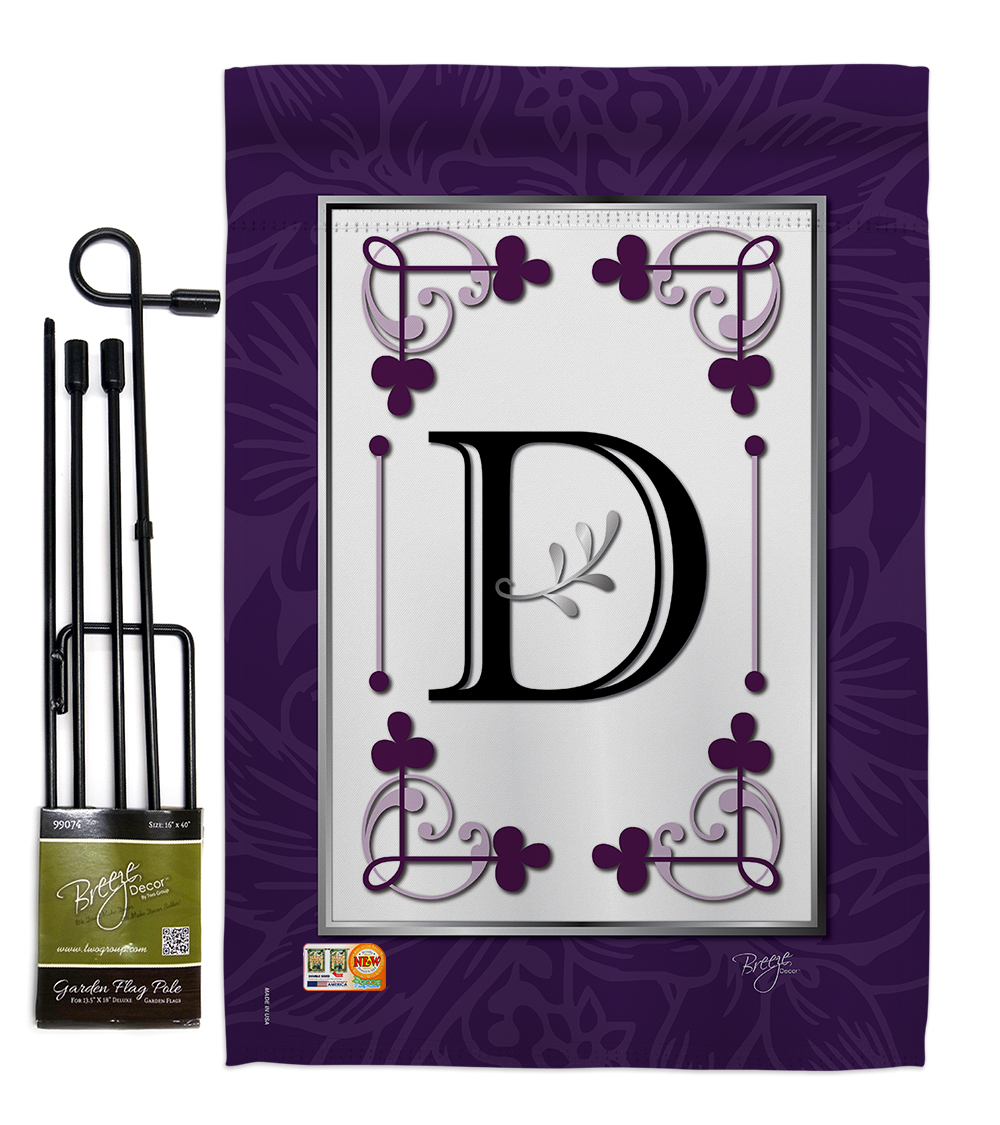 Breeze Decor BD-SB-GS-130004-IP-BO-D-US09-BD 13 x 18.5 in. Classic D Initial Interests Simply Beauty Impressions Decorative Vertical Double Sided Garden Flag Set with Banner Pole