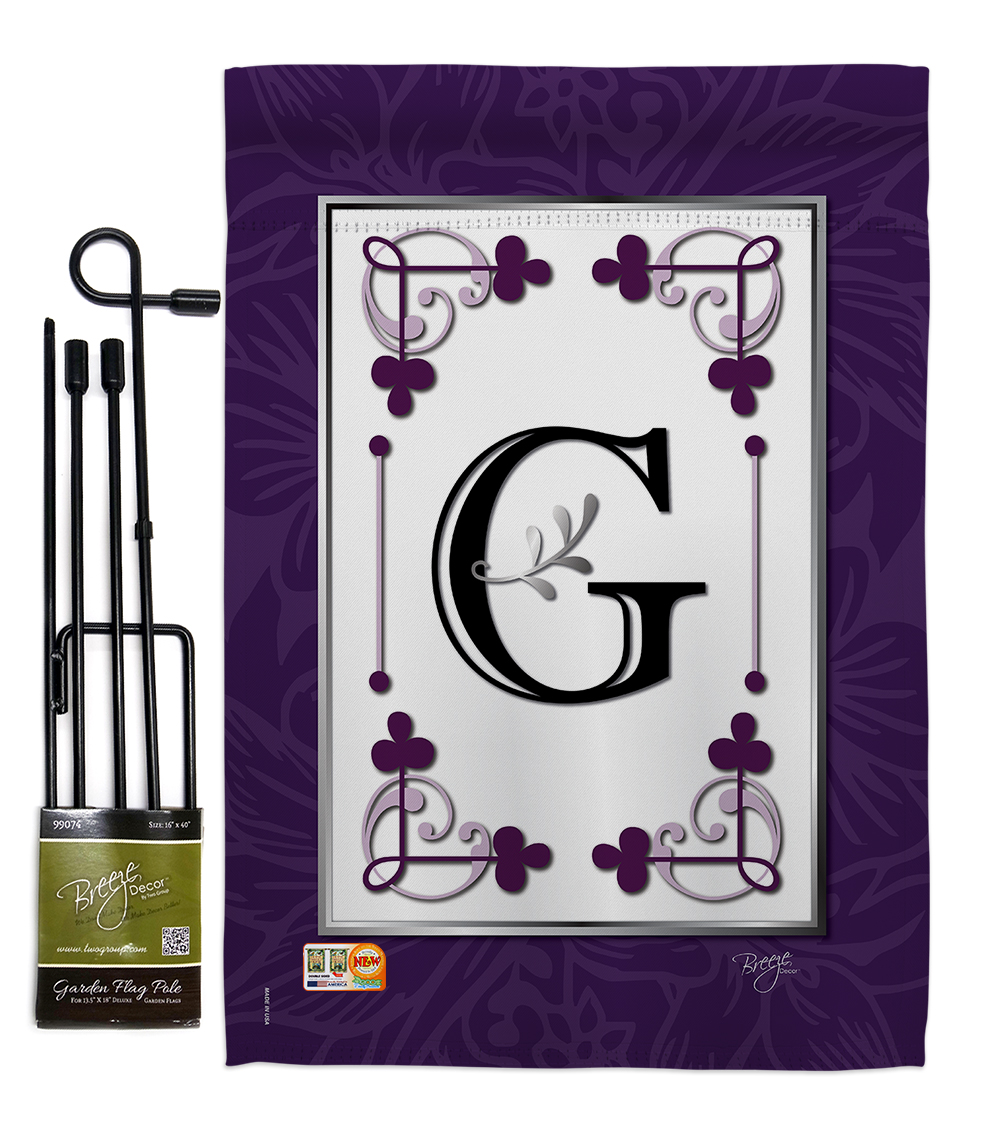 Breeze Decor BD-SB-GS-130007-IP-BO-D-US09-BD 13 x 18.5 in. Classic G Initial Interests Simply Beauty Impressions Decorative Vertical Double Sided Garden Flag Set with Banner Pole