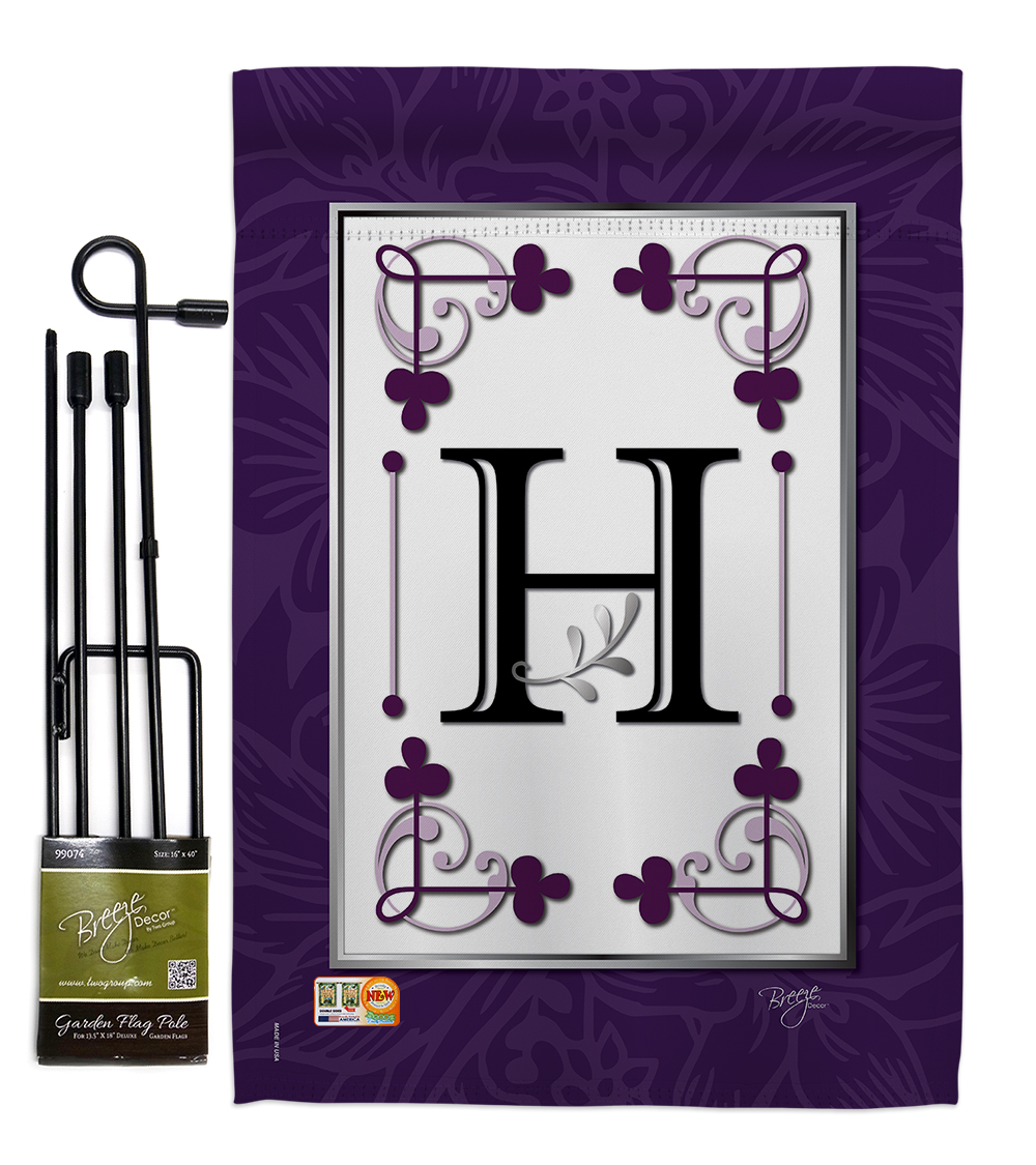 Breeze Decor BD-SB-GS-130008-IP-BO-D-US09-BD 13 x 18.5 in. Classic H Initial Interests Simply Beauty Impressions Decorative Vertical Double Sided Garden Flag Set with Banner Pole