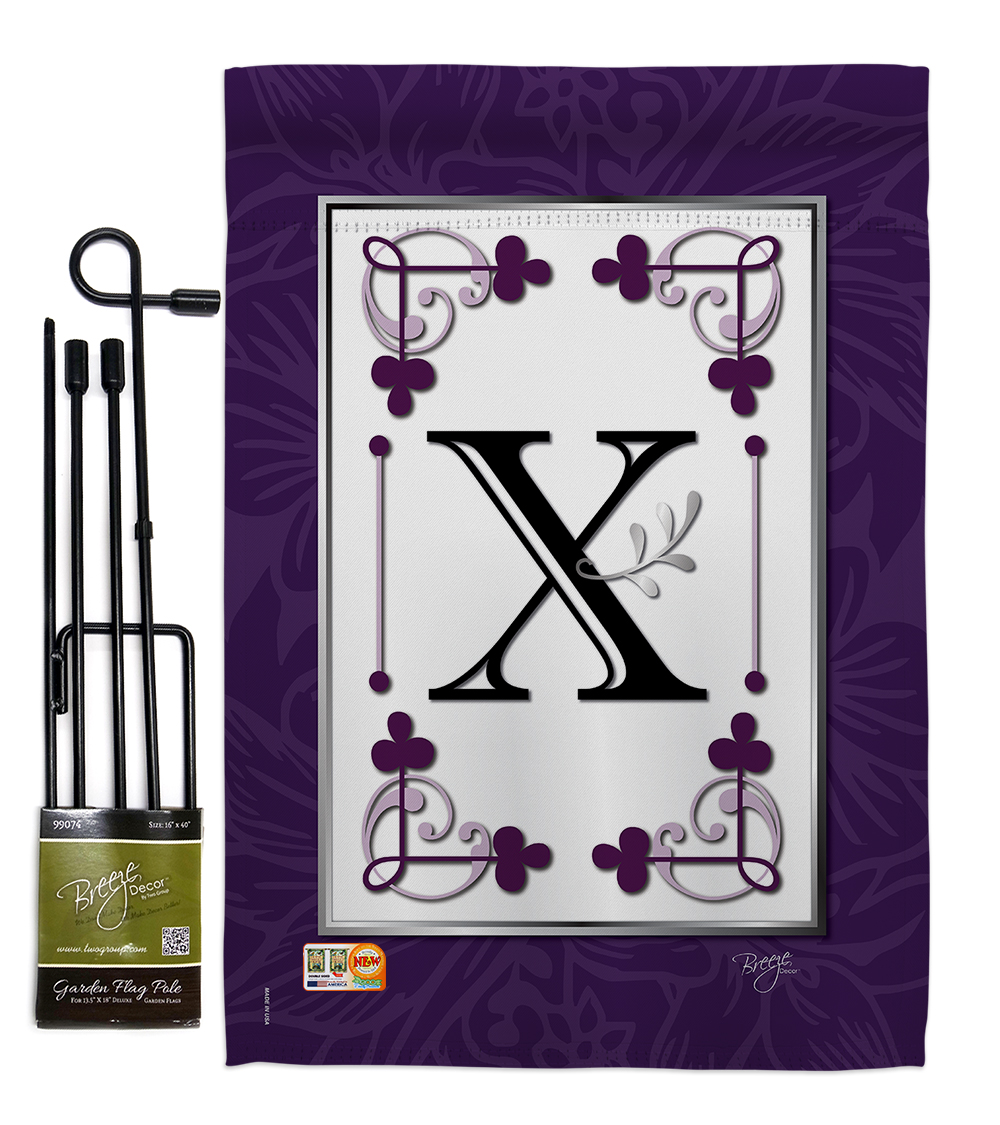 Breeze Decor BD-SB-GS-130024-IP-BO-D-US09-BD 13 x 18.5 in. Classic X Initial Interests Simply Beauty Impressions Decorative Vertical Double Sided Garden Flag Set with Banner Pole