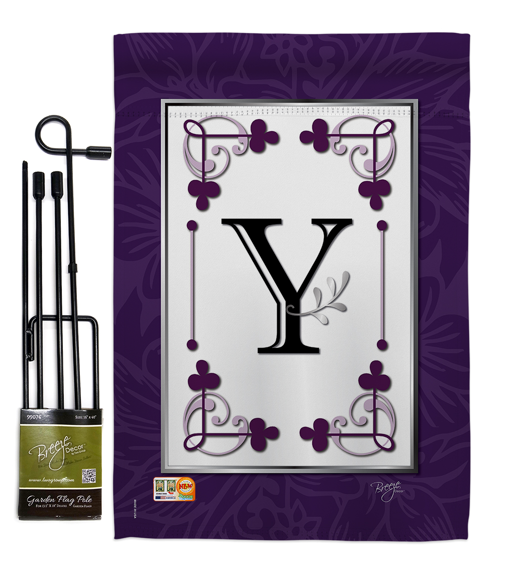 Breeze Decor BD-SB-GS-130025-IP-BO-D-US09-BD 13 x 18.5 in. Classic Y Initial Interests Simply Beauty Impressions Decorative Vertical Double Sided Garden Flag Set with Banner Pole