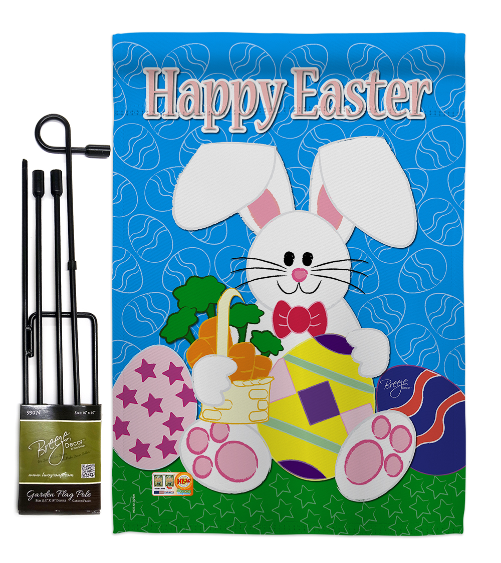 Breeze Decor BD-EA-GS-103029-IP-BO-D-US98-BD 13 x 18.5 in. Happy Bunny Spring Easter Impressions Decorative Vertical Double Sided Garden Flag Set with Banner Pole