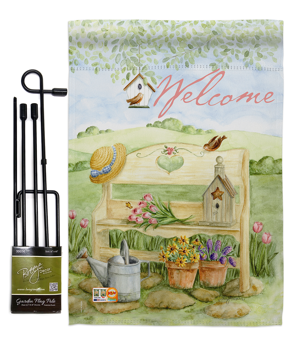 Breeze Decor BD-SH-GS-100050-IP-BO-D-US12-AM 13 x 18.5 in. Welcome Garden Bench Inspirational Sweet Home Impressions Decorative Vertical Double Sided Flag Set with Banner Pole