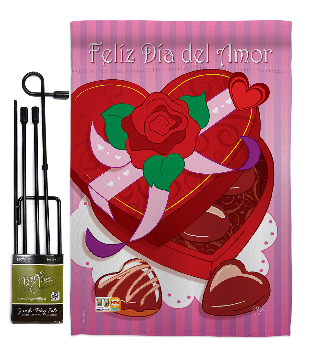 Breeze Decor BD-VA-GS-101045-IP-BO-D-US09-BD 13 x 18.5 in. Feliz Dia Del Amor Spring Valentines Impressions Decorative Vertical Double Sided Garden Flag Set with Banner Pole