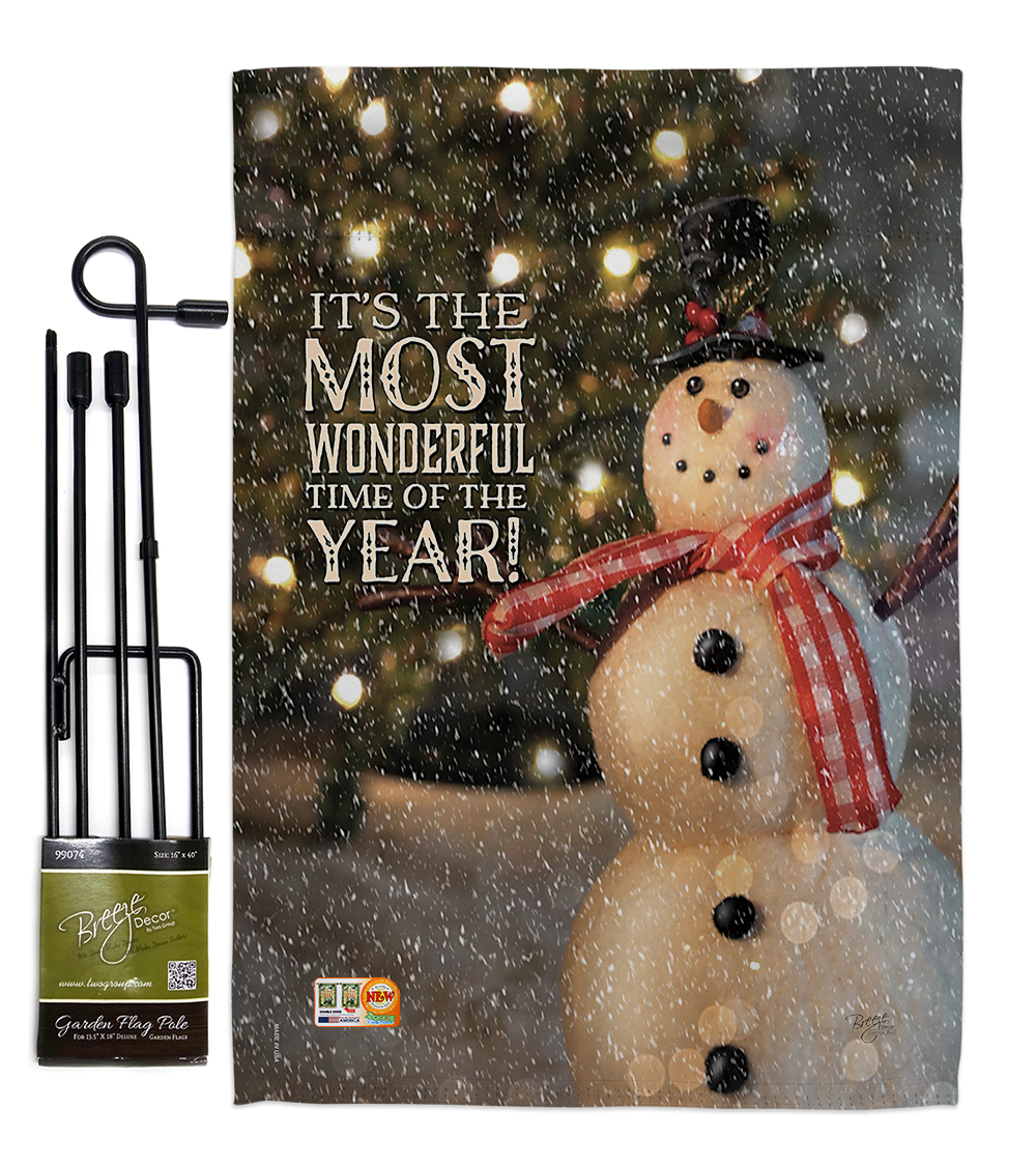 Breeze Decor BD-XM-GS-114142-IP-BO-D-US17-AM 13 x 18.5 in. Most Wonderful Time Snowman Winter Christmas Impressions Decorative Vertical Double Sided Garden Flag Set with Banner Pole