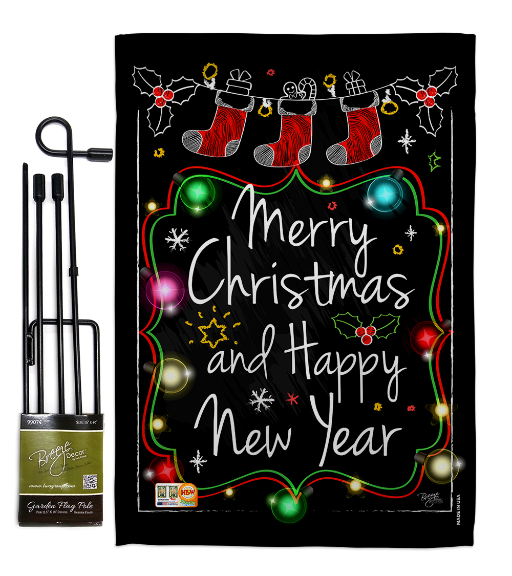 Breeze Decor BD-XM-GS-114145-IP-BO-D-US17-BD 13 x 18.5 in. Chalkboard Merry Christmas Winter Impressions Decorative Vertical Double Sided Garden Flag Set with Banner Pole
