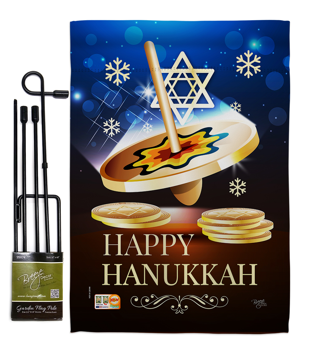 Breeze Decor BD-HK-GS-114174-IP-BO-D-US18-BD 13 x 18.5 in. Happy Hanukkah Dreidel Winter Impressions Decorative Vertical Double Sided Garden Flag Set with Banner Pole