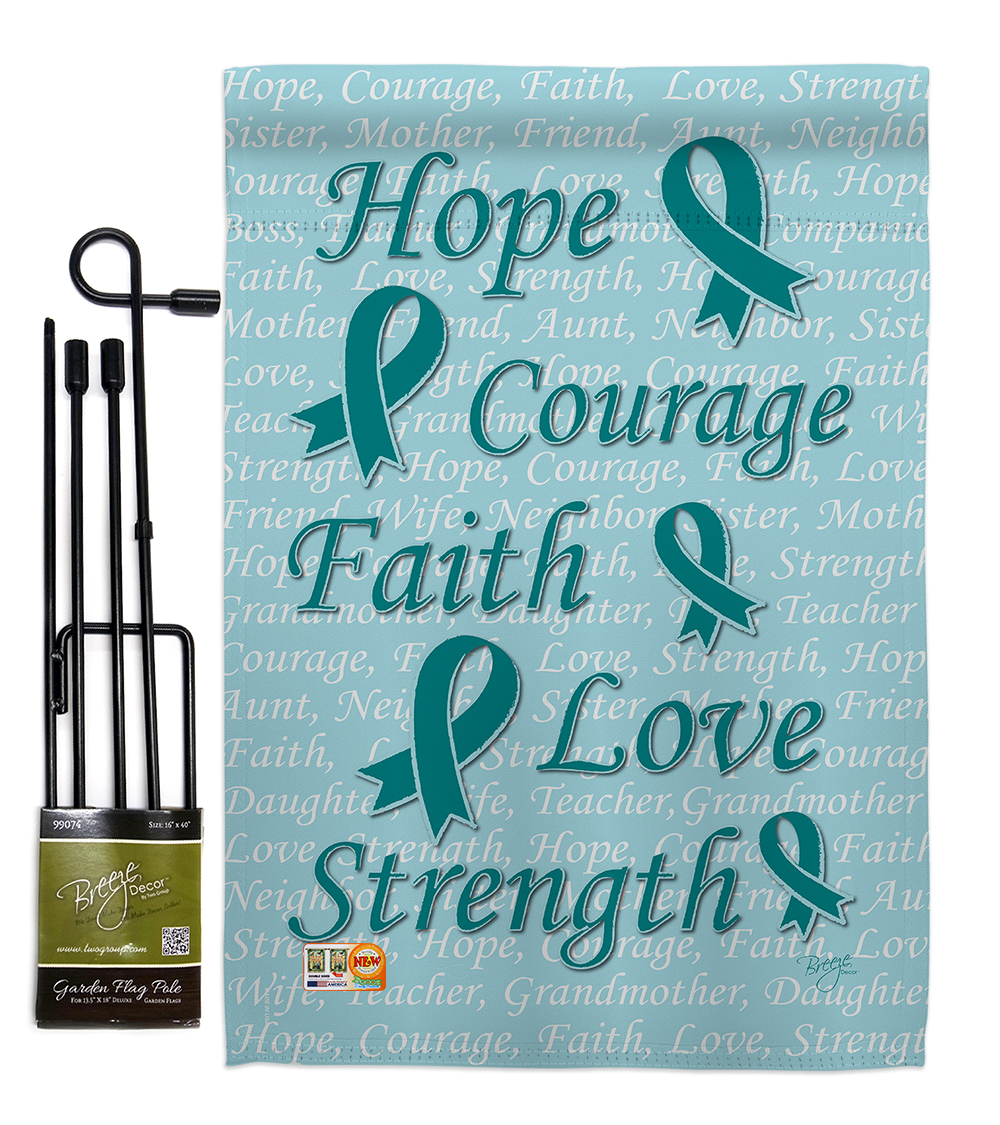 Breeze Decor BD-ST-GS-115092-IP-BO-D-US12-BD 13 x 18.5 in. Hope, Faith, Courage Teal Inspirational Support Impressions Decorative Vertical Double Sided Garden Flag Set with Banner Pole