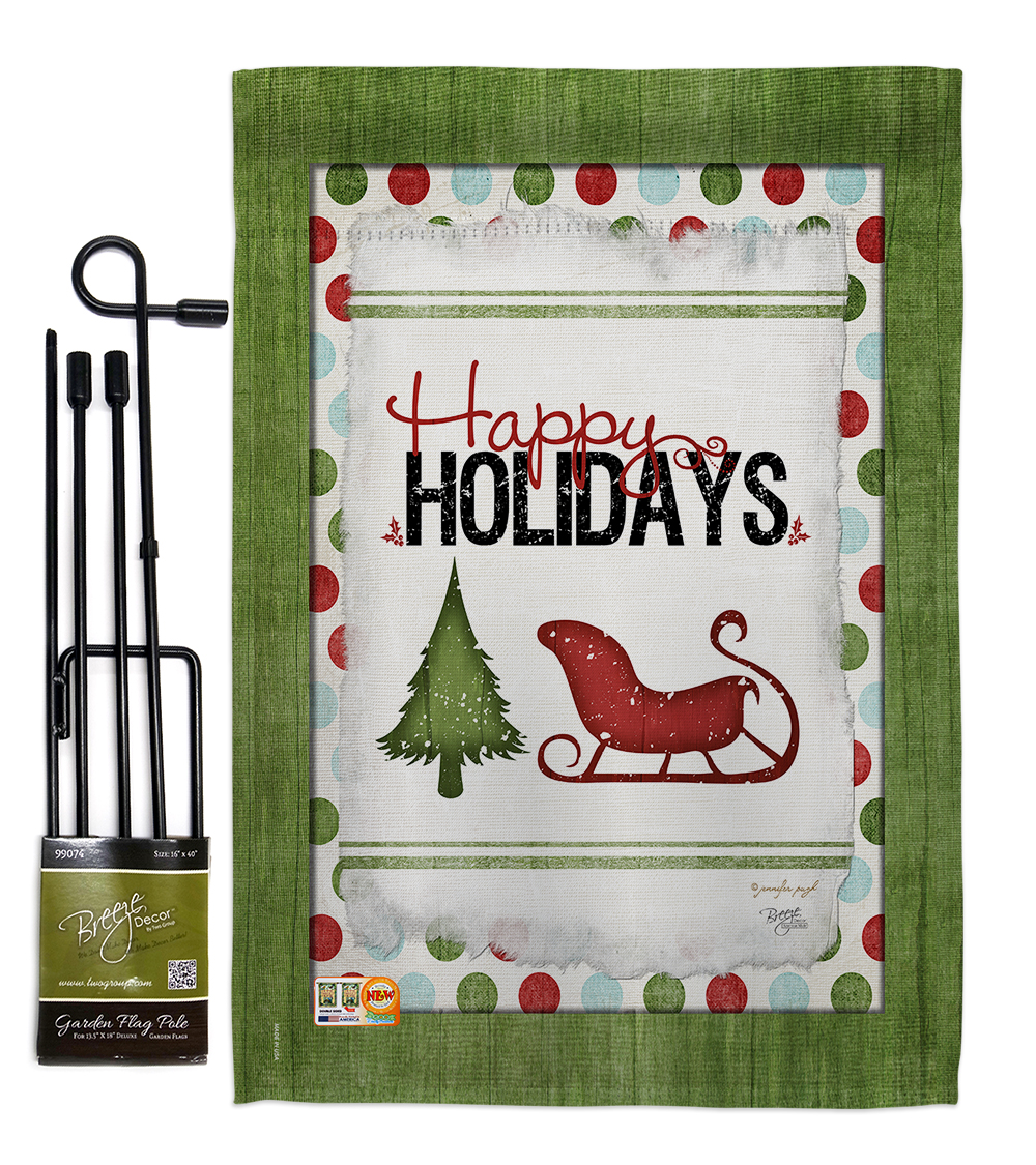Breeze Decor BD-WT-GS-114177-IP-BO-D-US18-SB 13 x 18.5 in. Classic Happy Holidays Winter Wonderland Impressions Decorative Vertical Double Sided Garden Flag Set with Banner Pole