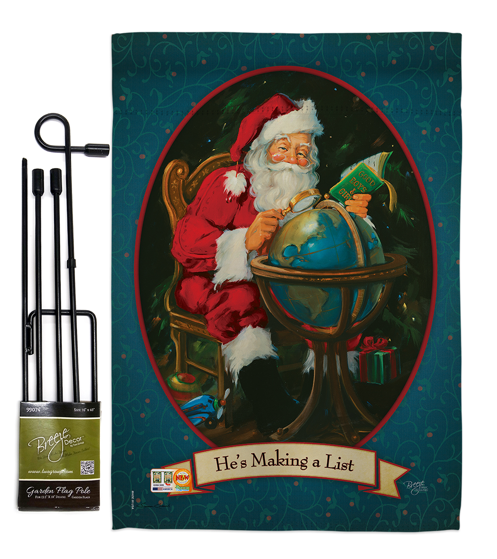 Breeze Decor BD-XM-GS-114001-IP-BO-D-US15-SB 13 x 18.5 in. Hes Making a List Winter Christmas Impressions Decorative Vertical Double Sided Garden Flag Set with Banner Pole