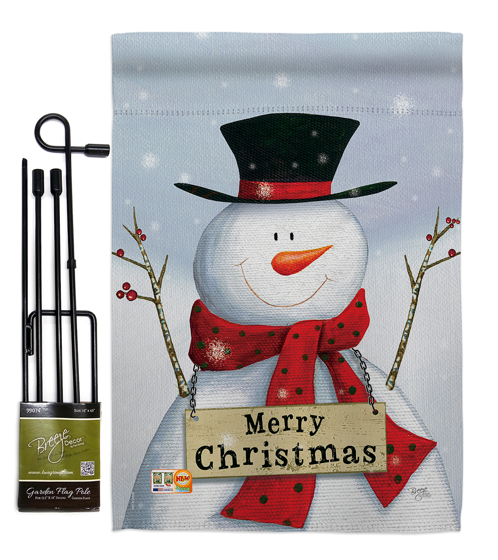 Breeze Decor BD-XM-GS-114191-IP-BO-D-US18-SB 13 x 18.5 in. Joyful Snowman Winter Christmas Impressions Decorative Vertical Double Sided Garden Flag Set with Banner Pole