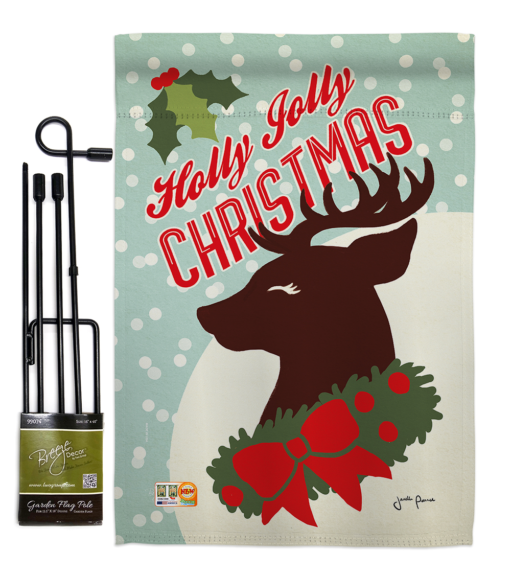 Breeze Decor BD-XM-GS-114197-IP-BO-D-US18-WA 13 x 18.5 in. Holly Jolly Christmas Winter Impressions Decorative Vertical Double Sided Garden Flag Set with Banner Pole