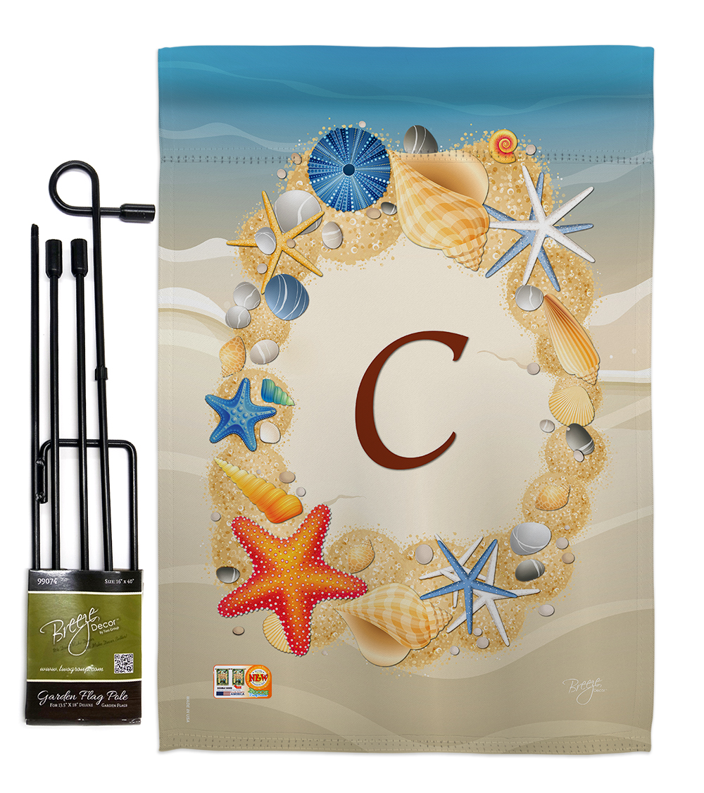 Breeze Decor BD-BN-GS-130159-IP-BO-D-US14-BD 13 x 18.5 in. Summer C Initial Coastal Beach Impressions Decorative Vertical Double Sided Garden Flag Set with Banner Pole