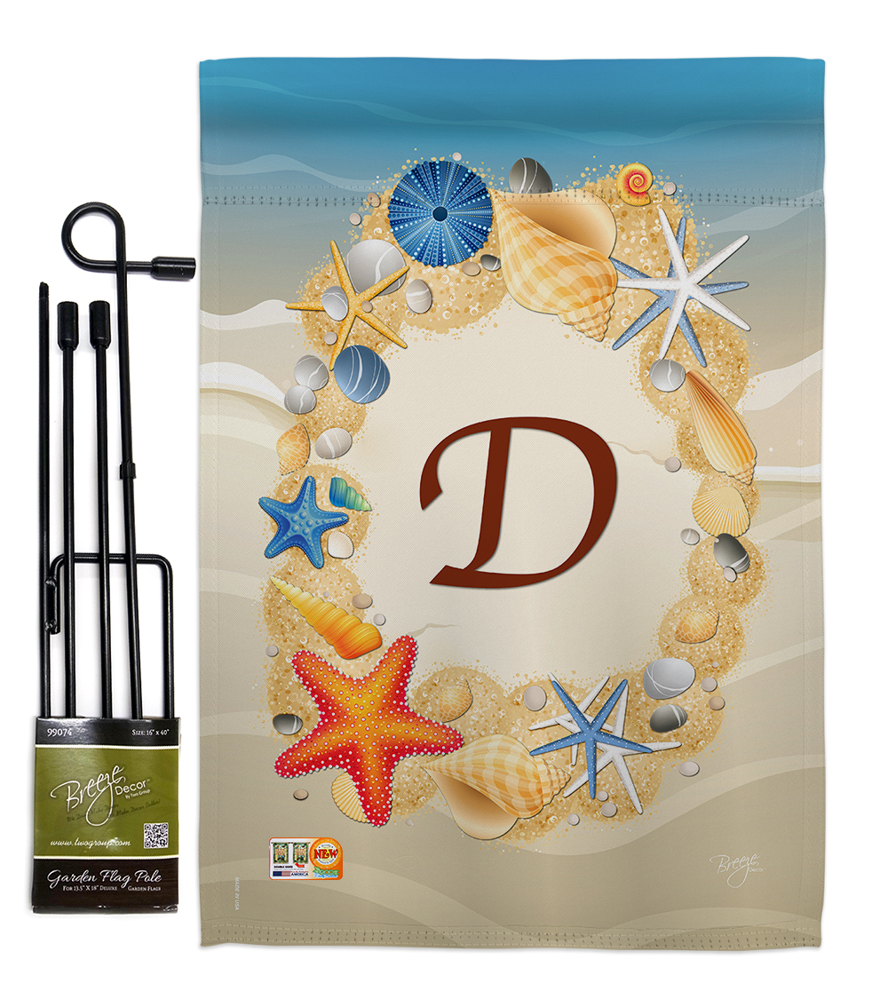 Breeze Decor BD-BN-GS-130160-IP-BO-D-US14-BD 13 x 18.5 in. Summer D Initial Coastal Beach Impressions Decorative Vertical Double Sided Garden Flag Set with Banner Pole