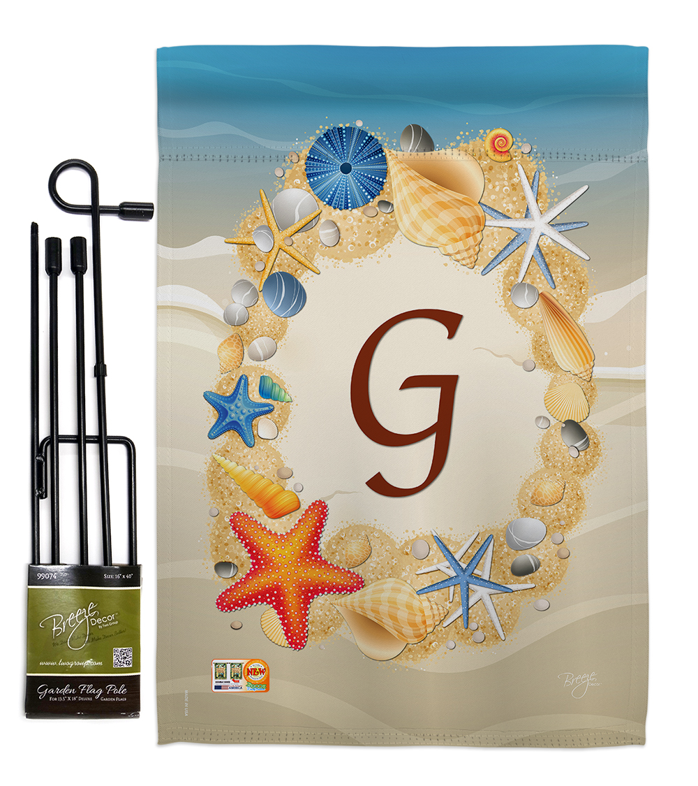 Breeze Decor BD-BN-GS-130163-IP-BO-D-US14-BD 13 x 18.5 in. Summer G Initial Coastal Beach Impressions Decorative Vertical Double Sided Garden Flag Set with Banner Pole