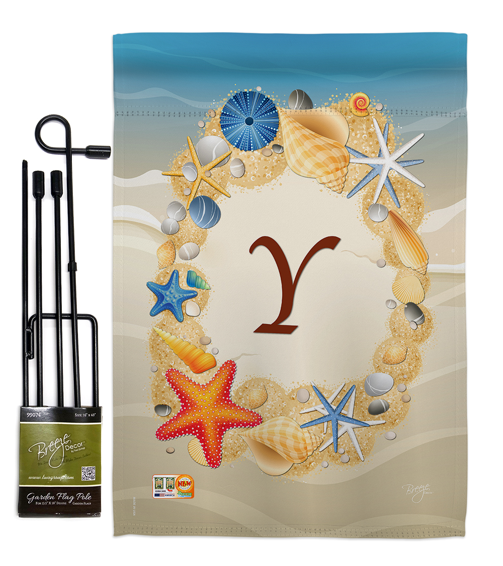 Breeze Decor BD-BN-GS-130181-IP-BO-D-US14-BD 13 x 18.5 in. Summer Y Initial Coastal Beach Impressions Decorative Vertical Double Sided Garden Flag Set with Banner Pole