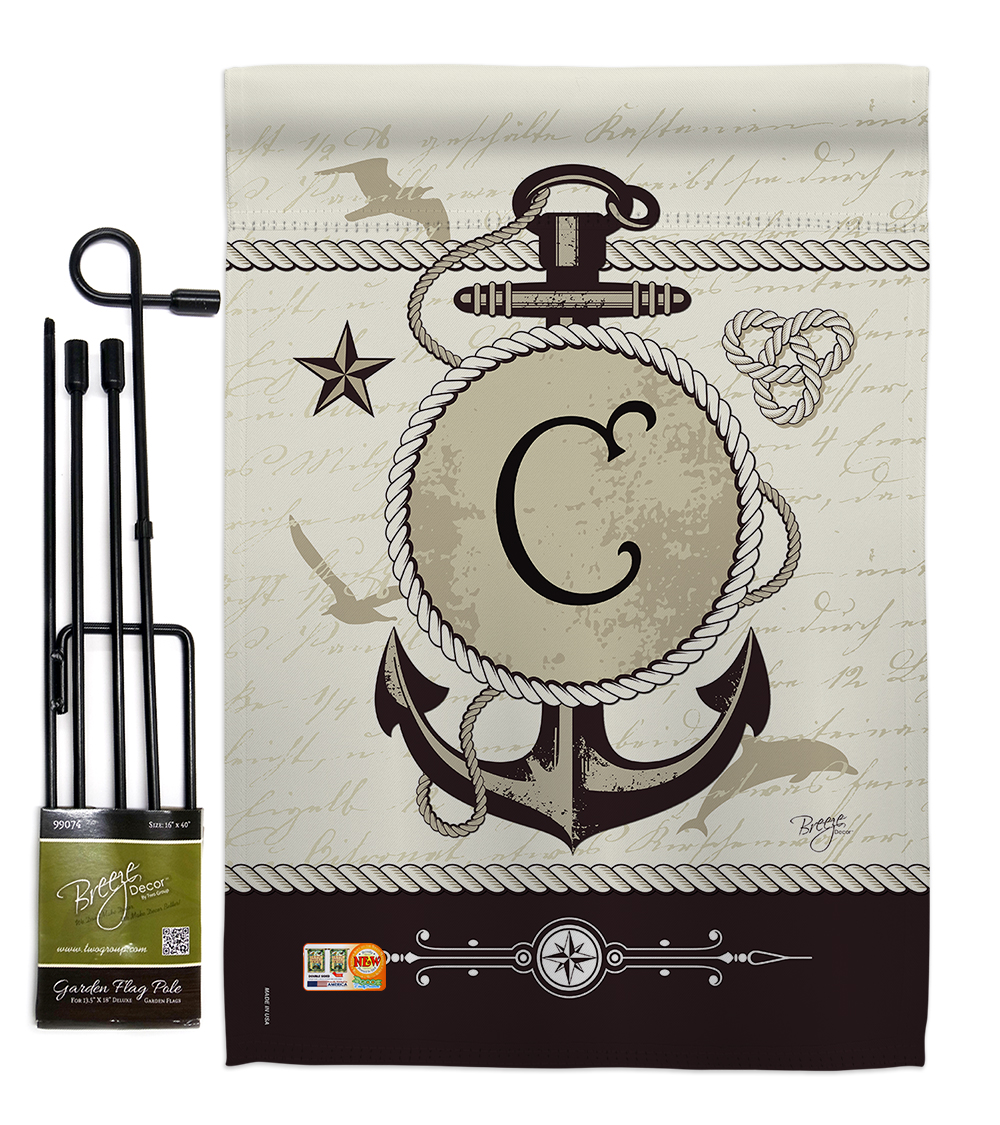 Breeze Decor BD-NA-GS-130185-IP-BO-D-US14-BD 13 x 18.5 in. Nautical C Initial Coastal Impressions Decorative Vertical Double Sided Garden Flag Set with Banner Pole