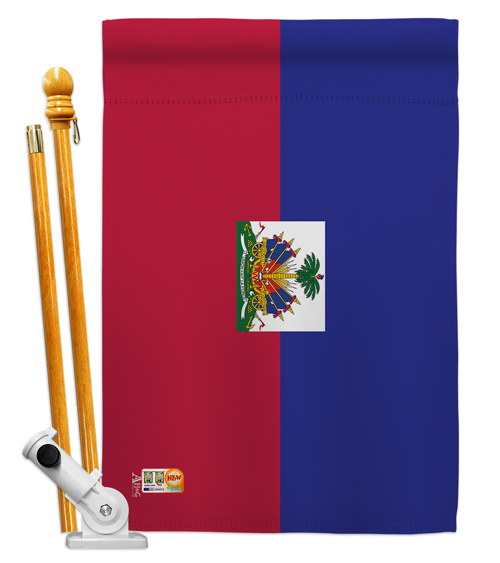 Picture of Americana Home & Garden AA-CY-HS-140103-IP-BO-D-US18-AG 28 x 40 in. Haiti Flags of the World Nationality Impressions Decorative Vertical Double Sided House Flag Set & Pole Bracket Hardware Flag Set