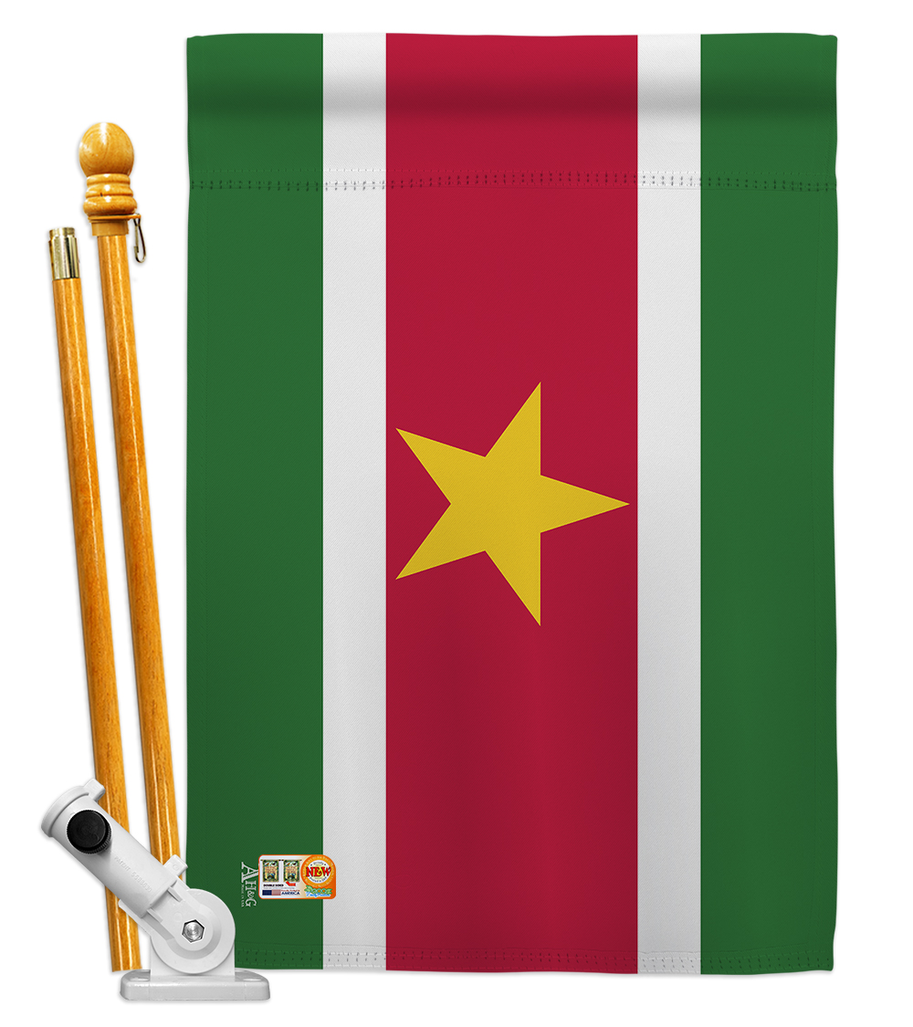 Picture of Americana Home & Garden AA-CY-HS-140222-IP-BO-D-US18-AG 28 x 40 in. Suriname Flags of the World Nationality Impressions Decorative Vertical Double Sided House Flag Set & Pole Bracket Hardware Flag Set