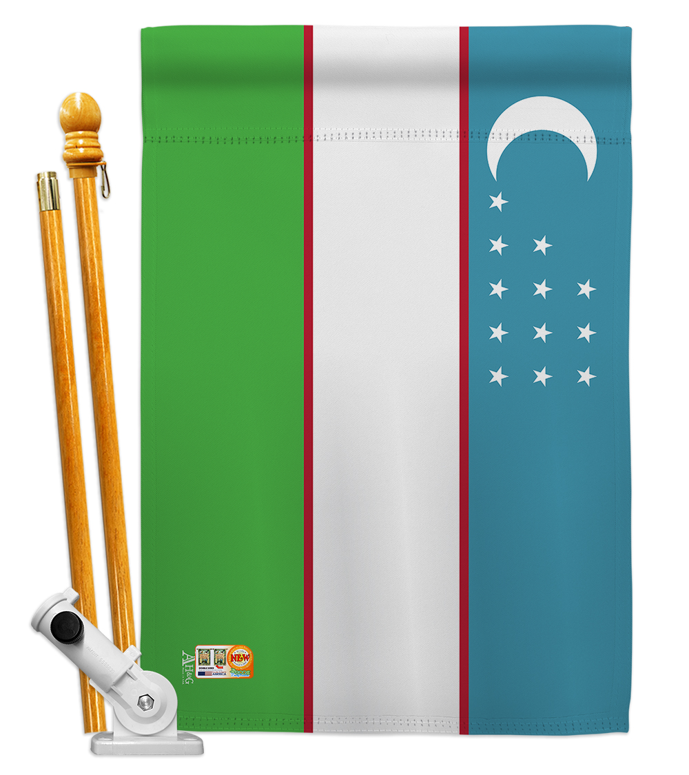 Picture of Americana Home & Garden AA-CY-HS-140249-IP-BO-D-US18-AG 28 x 40 in. Uzbekistan Flags of the World Nationality Impressions Decorative Vertical Double Sided House Flag Set & Pole Bracket Hardware Flag Set