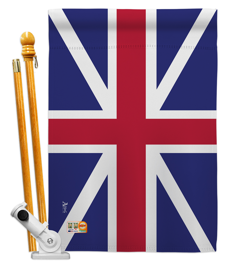 Picture of Americana Home & Garden AA-HL-HS-140719-IP-BO-D-US18-AG 28 x 40 in. British Union Flags of the World Historical Impressions Decorative Vertical Double Sided House Flag Set & Pole Bracket Hardware Flag Set