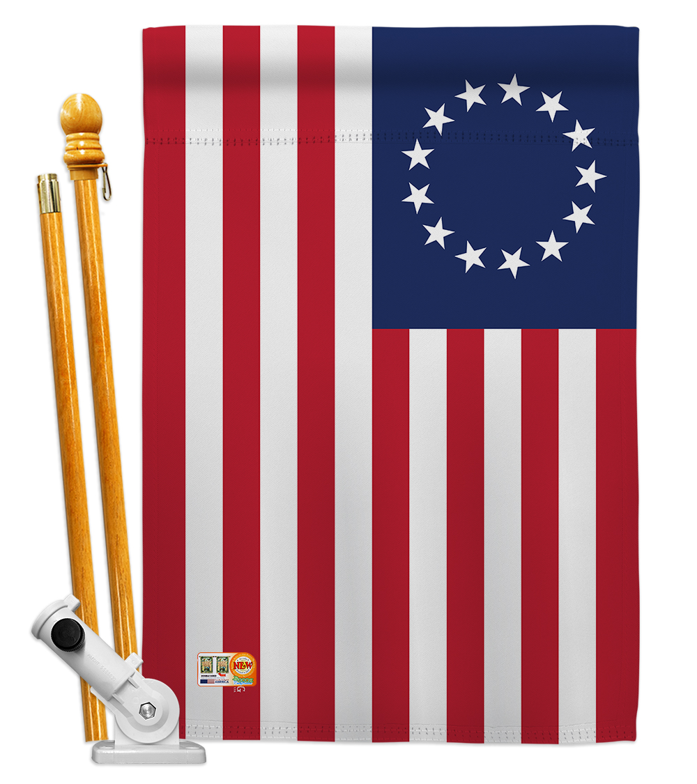 Picture of Americana Home & Garden AA-HS-HS-140704-IP-BO-D-US18-AG 28 x 40 in. Betsy Ross Historic Impressions Decorative Vertical Double Sided House Flag Set & Pole Bracket Hardware Flag Set