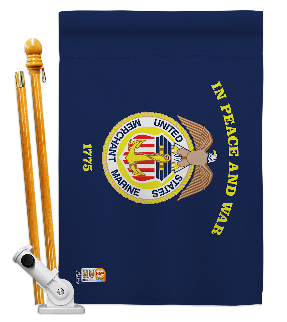 Picture of Americana Home & Garden AA-MI-HS-140347-IP-BO-D-US18-AG 28 x 40 in. Merchant Marine Military Impressions Decorative Vertical Double Sided House Flag Set & Pole Bracket Hardware Flag Set