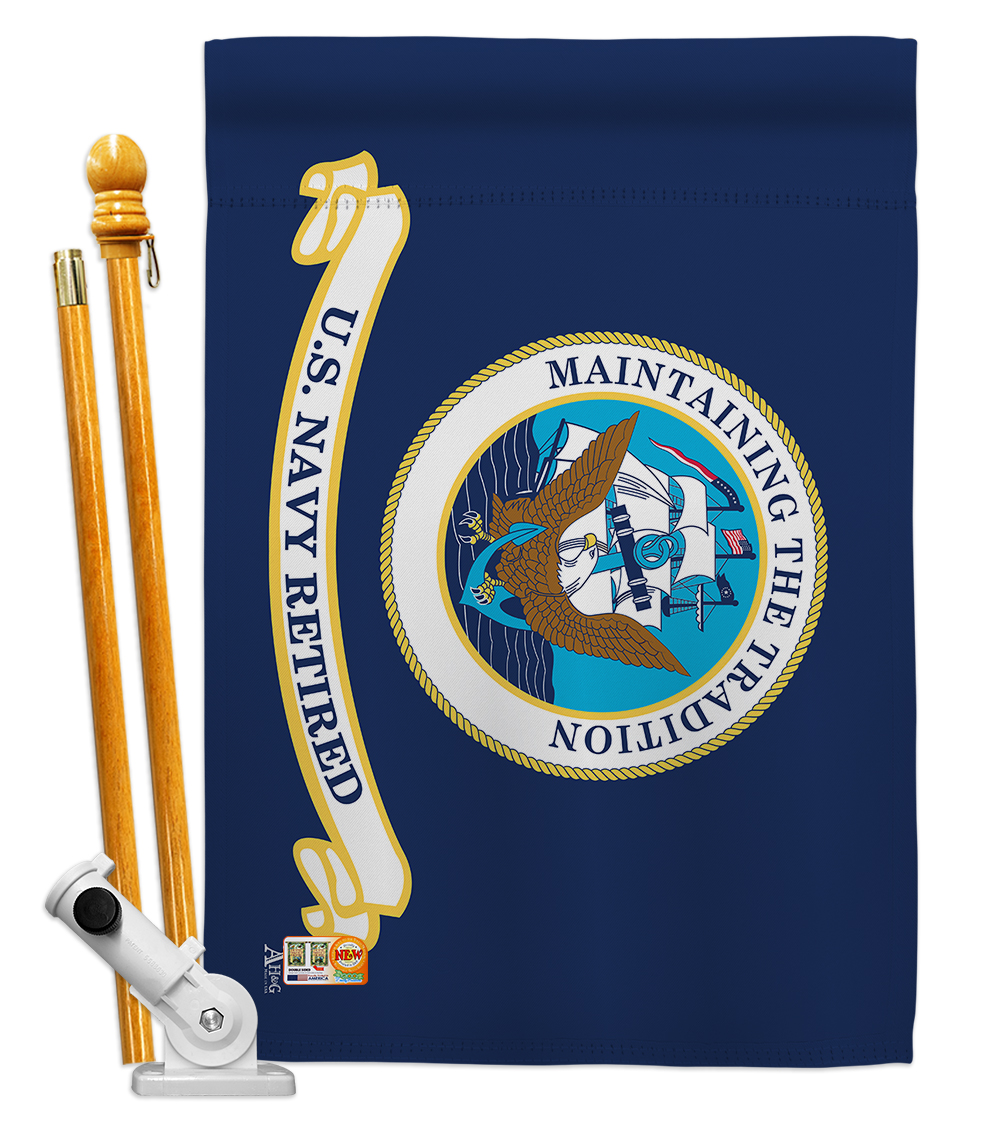 Picture of Americana Home & Garden AA-MI-HS-140353-IP-BO-D-US18-AG 28 x 40 in. Retired Navy Military Impressions Decorative Vertical Double Sided House Flag Set & Pole Bracket Hardware Flag Set