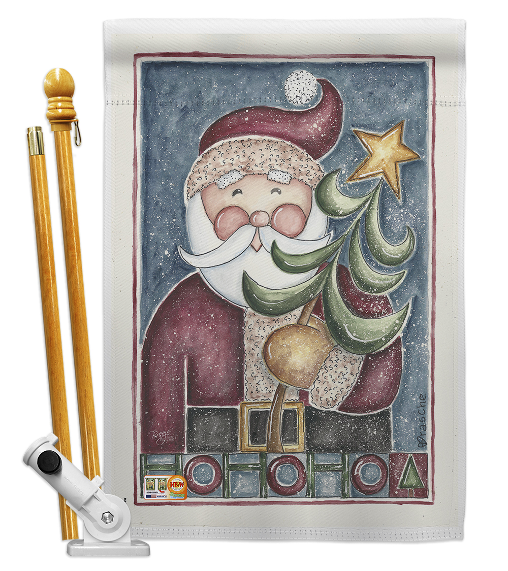 Breeze Decor HS114127-BO HoHoHo Santa Tree Winter Christmas Decorative Vertical House Flag Set, 28"x 40" w/Flagpole, Multi-Color