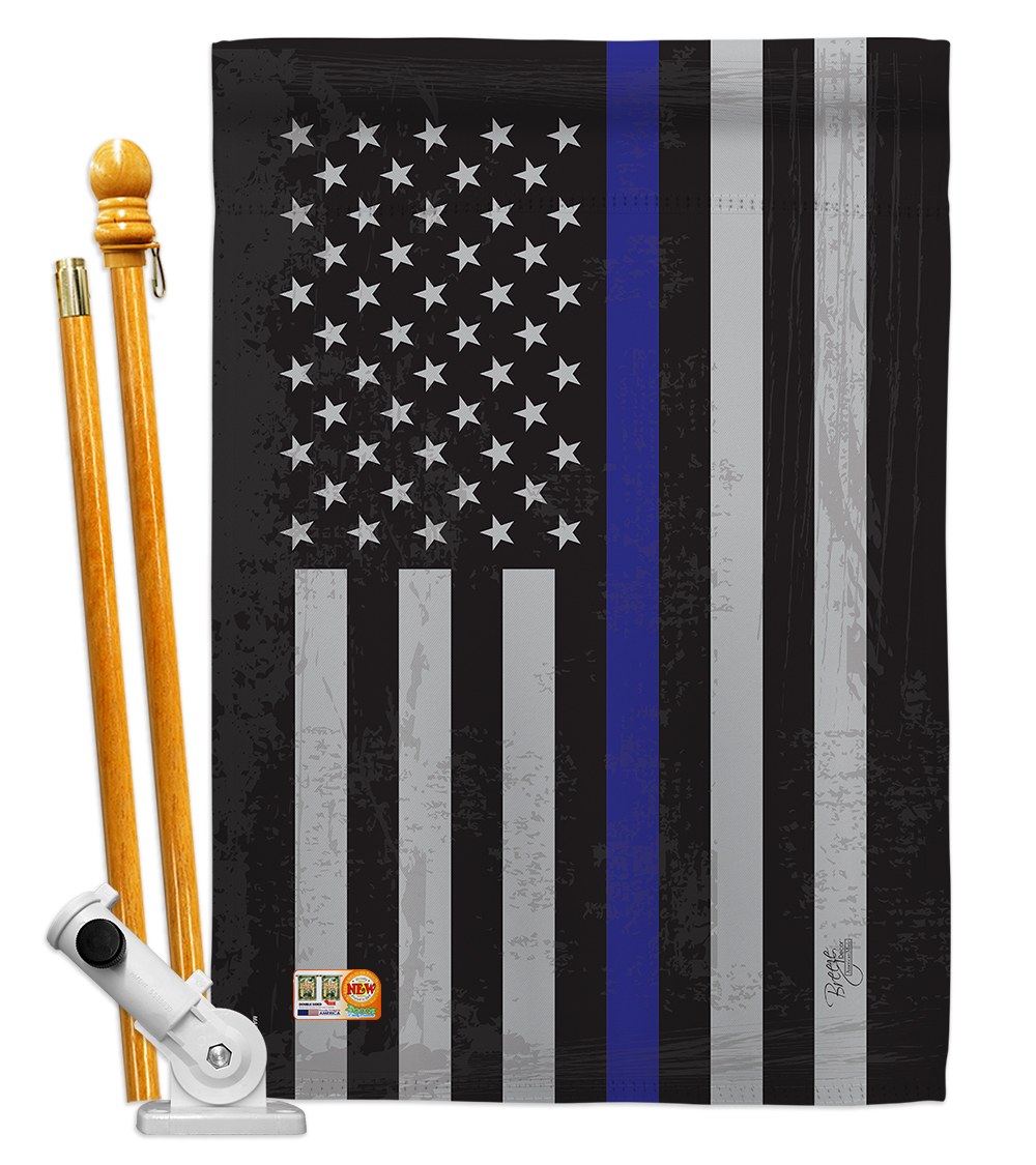 Breeze Decor BD-MI-HS-108382-IP-BO-D-US16-BD 28 x 40 in. US Blue Stripe Americana Military Impressions Decorative Vertical Double Sided House Flag Set with Pole Bracket Hardware