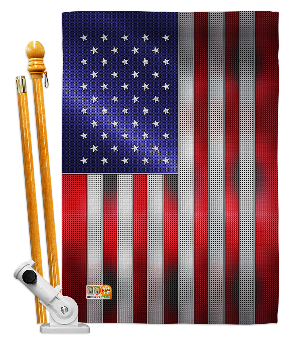 Picture of Breeze Decor BD-CY-HS-108393-IP-BO-D-US17-BD 28 x 40 in. Steel Of Pride American Flag Flags the World Nationality Impressions Decorative Vertical Double Sided House Set Pole Bracket Hardware