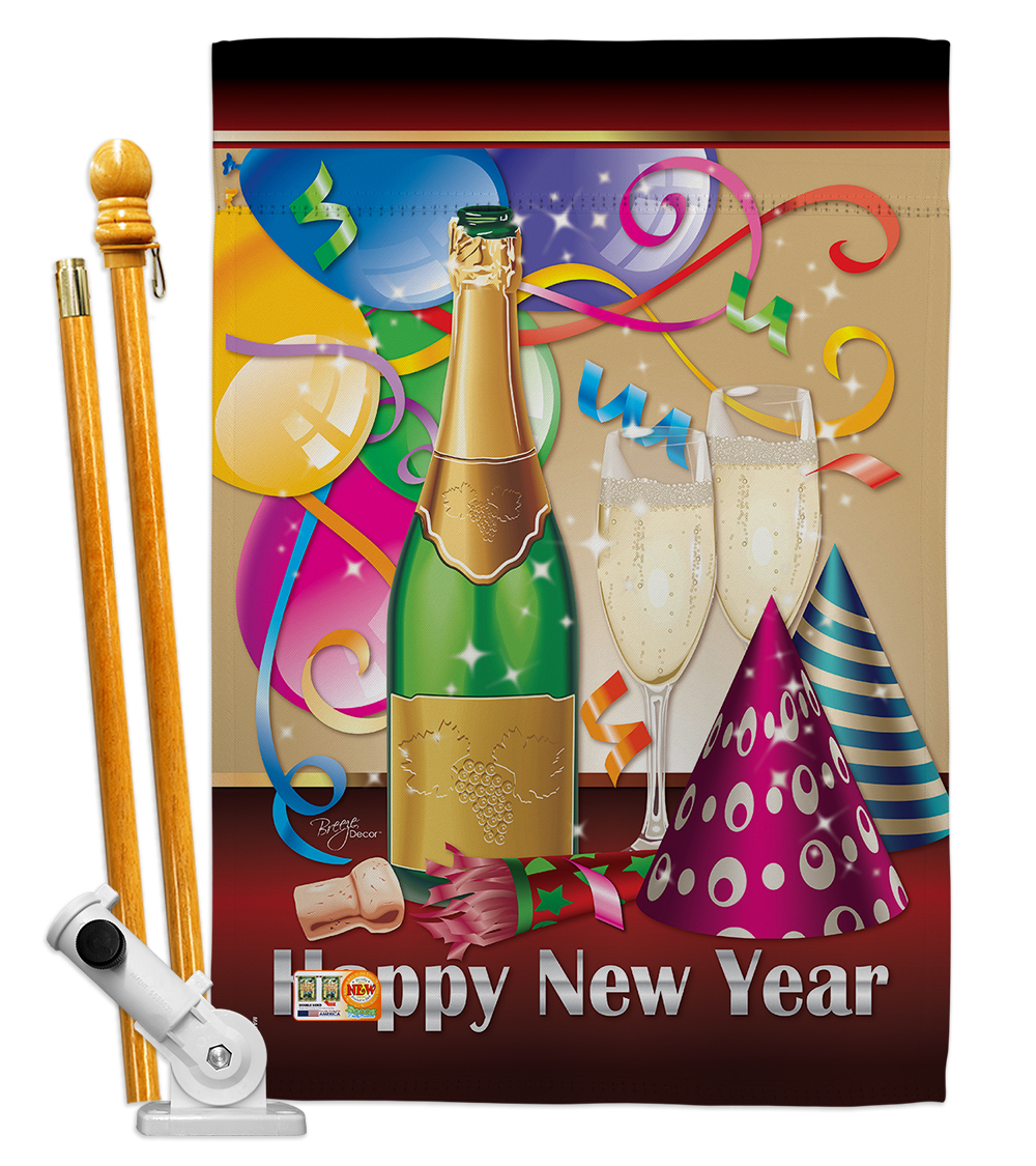 BD-NE-HS-116008-IP-BO-D-US10-BD 28 x 40 in. Happy New Year Winter Impressions Decorative Vertical Double Sided House Flag Set & Pole Bracket Hardware