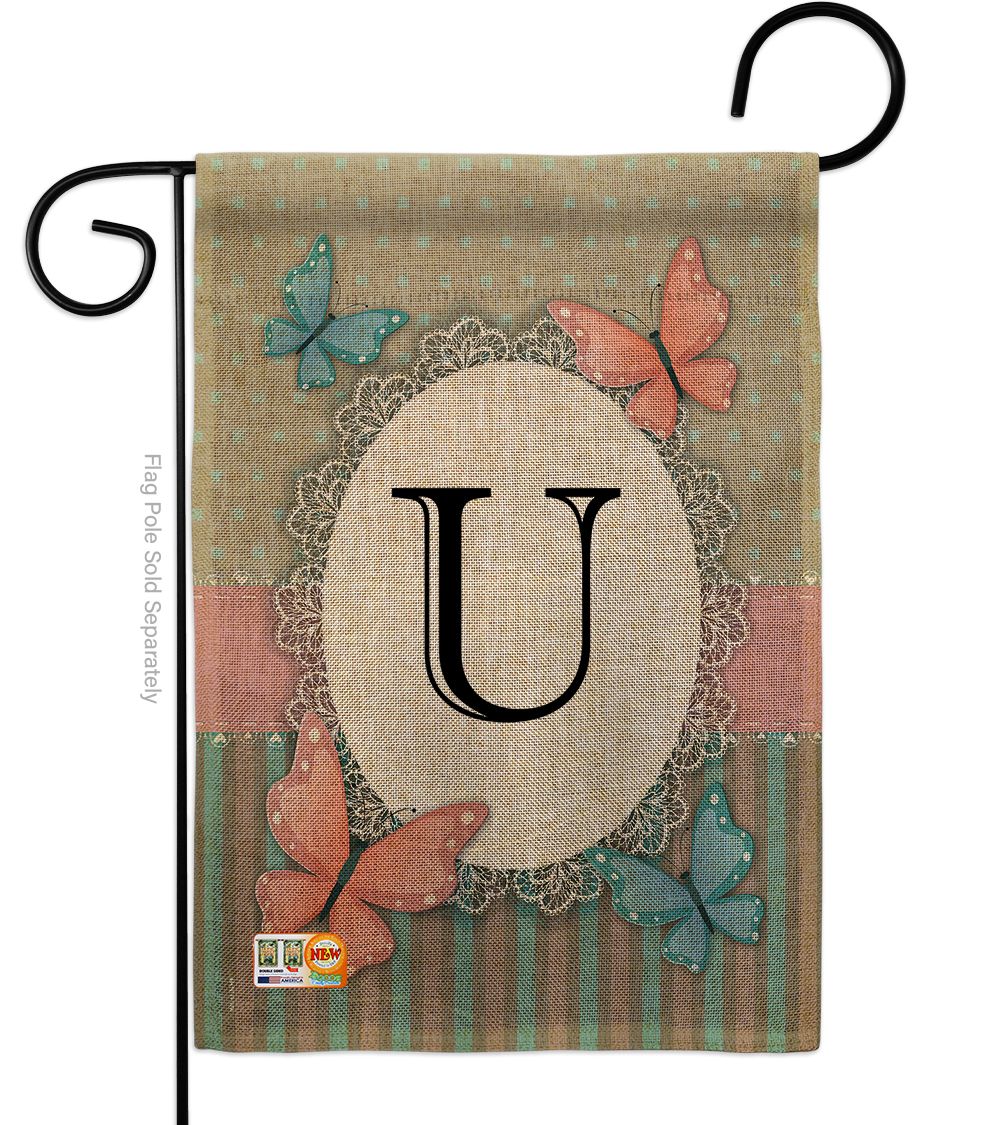 Breeze Decor BD-BG-G-130151-IP-DB-D-US14-BD 13 x 18.5 in. Butterflies U Initial Burlap Garden Friends Bugs & Frogs Impressions Decorative Vertical Double Sided Flag
