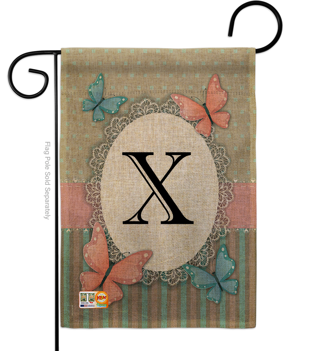 Breeze Decor BD-BG-G-130154-IP-DB-D-US14-BD 13 x 18.5 in. Butterflies X Initial Burlap Garden Friends Bugs & Frogs Impressions Decorative Vertical Double Sided Flag