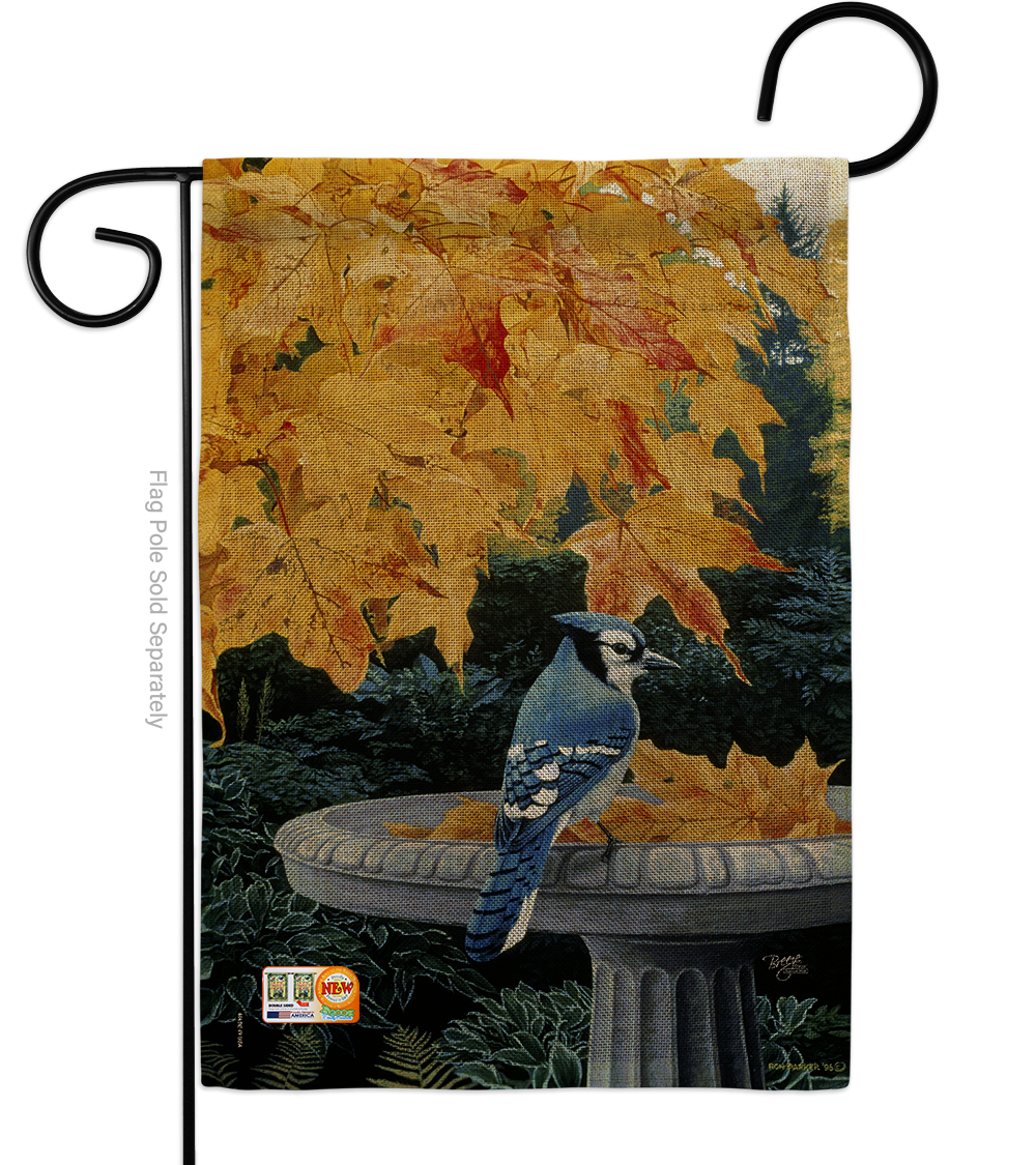 BD-BI-G-105036-IP-DB-D-US12-AL 13 x 18.5 in. Autumn Birdbath Burlap Garden Friends Birds Impressions Decorative Vertical Double Sided Flag