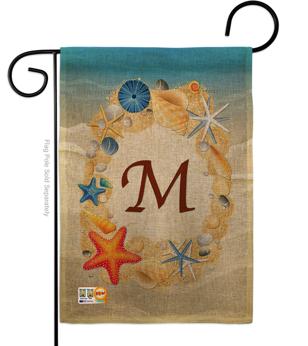 BD-BN-G-130169-IP-DB-D-US14-BD 13 x 18.5 in. Summer M Initial Burlap Coastal Beach Impressions Decorative Vertical Double Sided Garden Flag