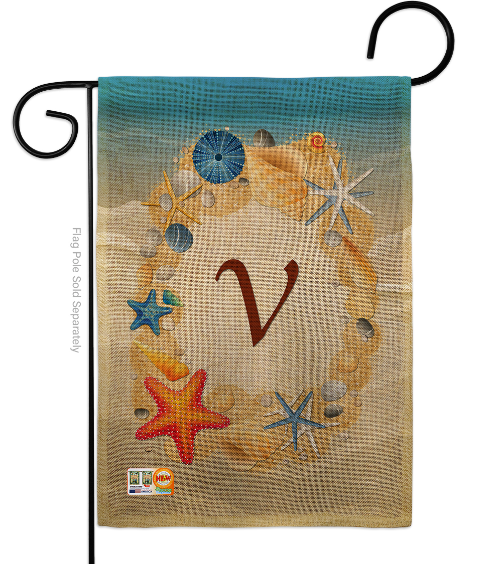 BD-BN-G-130178-IP-DB-D-US14-BD 13 x 18.5 in. Summer V Initial Burlap Coastal Beach Impressions Decorative Vertical Double Sided Garden Flag